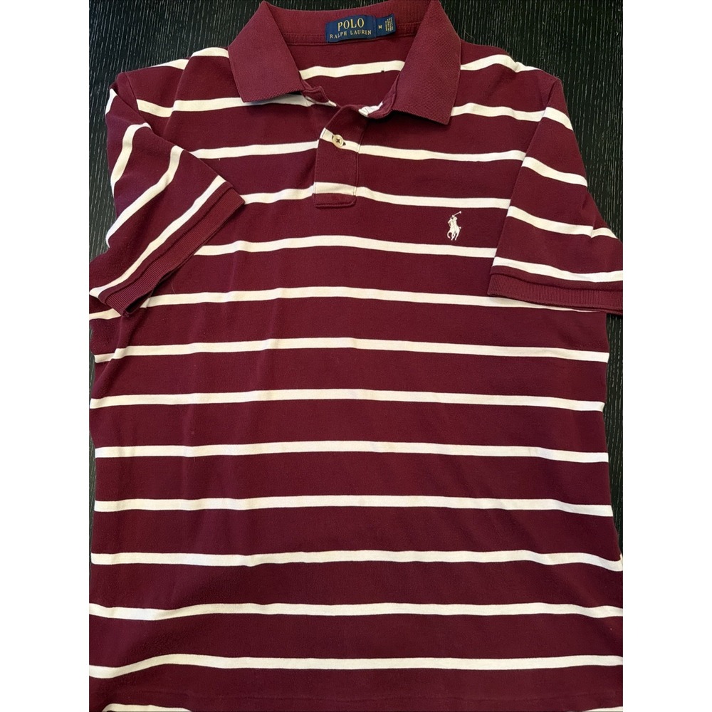 Polo Ralph Lauren Maroon White Stripe Polo Shirt White Pony Mens M (D)